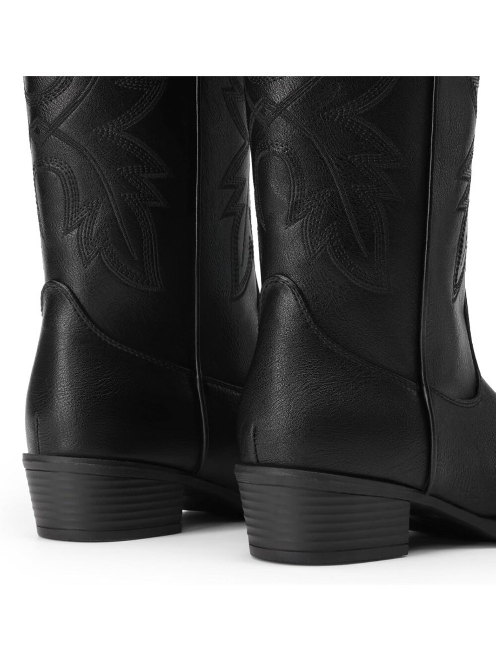 Women Cowgirl Western Mid Calf Black Snip Toe Embroidered Low Chunky Heel Boots - Picture 6 of 7